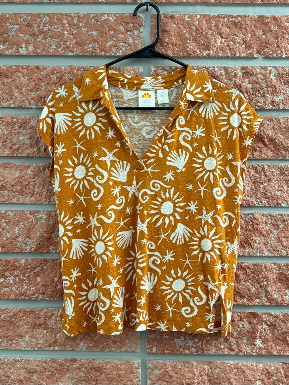 🌟 C&C California Mustard Sun & Shell Print Polo Top